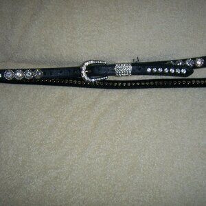 Western Ladies Black Leather Belt Rhinestones Belt M Shiny Buckle Size M/L